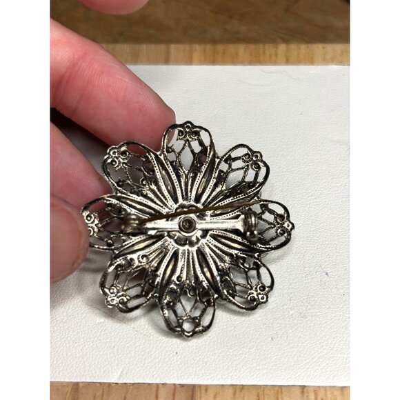 Vintage Silver Filigree Floral Brooch With Turquoise Cabochons - Picture 5 of 7